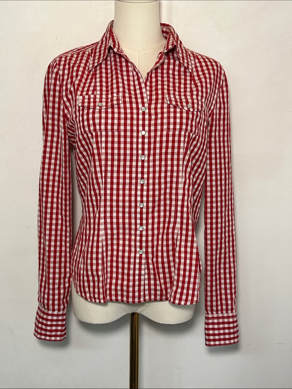 Jacob Pearl Snap Gingham Fitted Button-Up Shirt Western Cowgirl Red White Medium